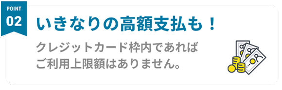 Point02 いきなりの高額支払も！ クジレットカード枠内であればご利用上限額はありません。