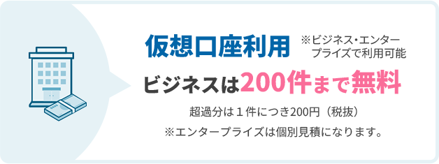 仮想口座利用 ※ビジネス・エンター プライズで利用可能 ビジネスは200件まで無料 超過分は１件につき200円（税抜）※エンタープライズは個別見積になります。